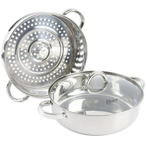 Oster Sangerfield 3 Piece 11 Inch Stainless Steel Everyday Pan With Steamer And Lid In Silver