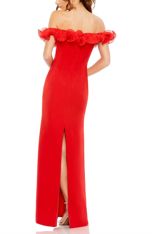 Mac Duggal Off-the-shoulder Crepe Gown With Ruffle Frill Neckline In Red