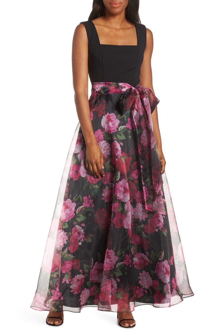 Floral Organza Gown, Main, color, BLACK MULTI