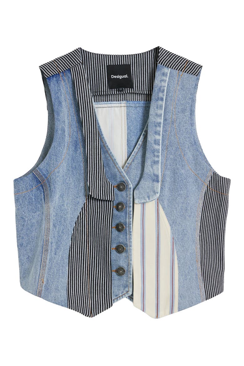 Patchwork Crop Denim Vest, Alternate, color, BLUE