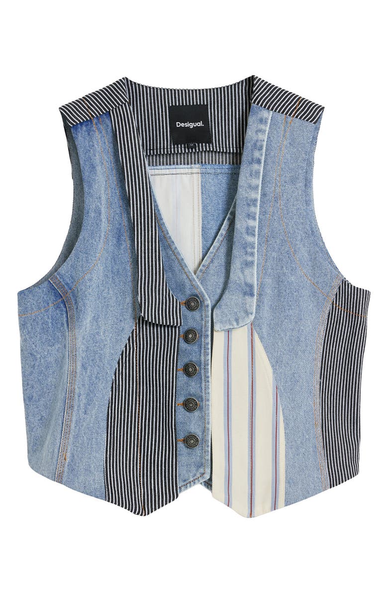 Desigual Patchwork Crop Denim Vest, Alternate, color, Blue