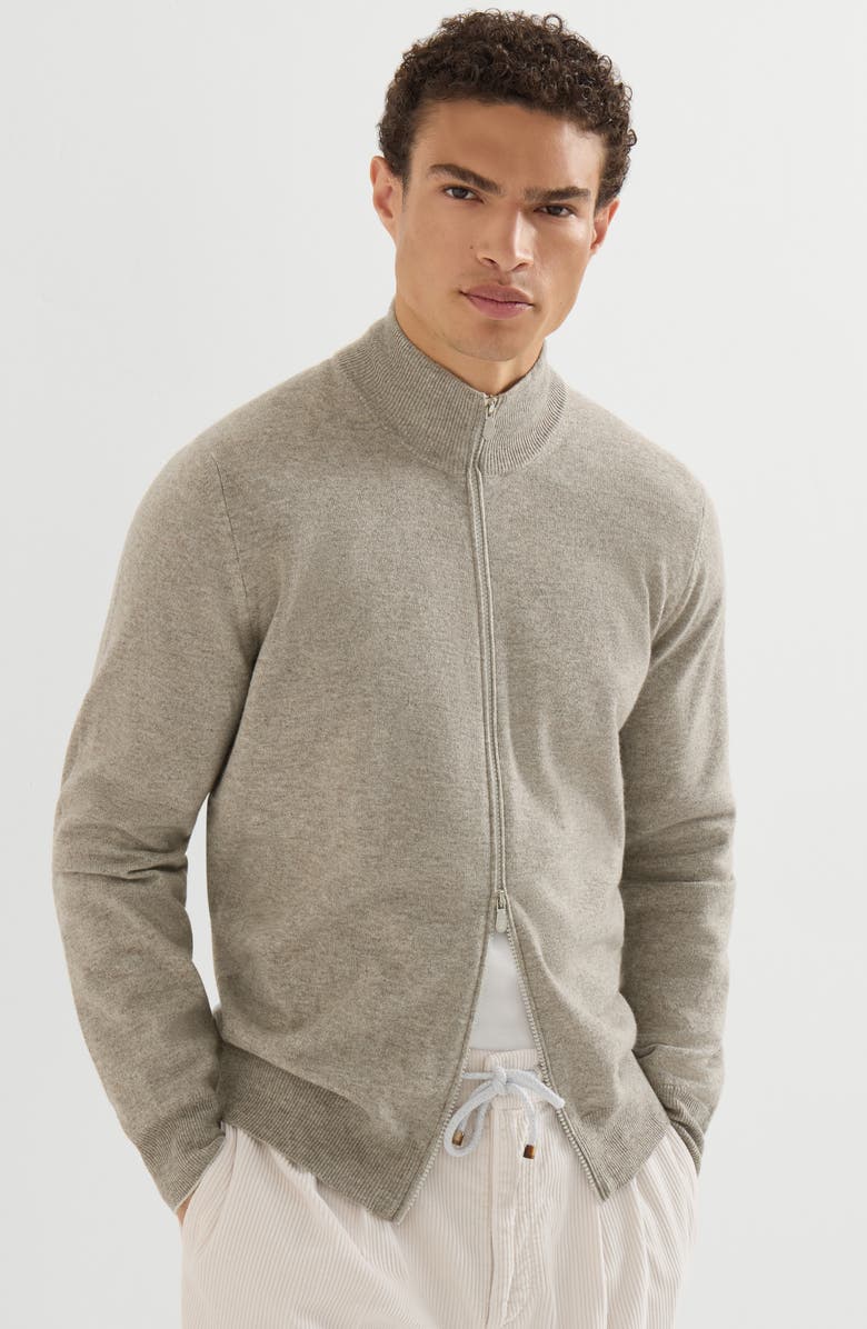 Brunello Cucinelli Cashmere high-neck cardigan with zipper, Alternate, color, Grey