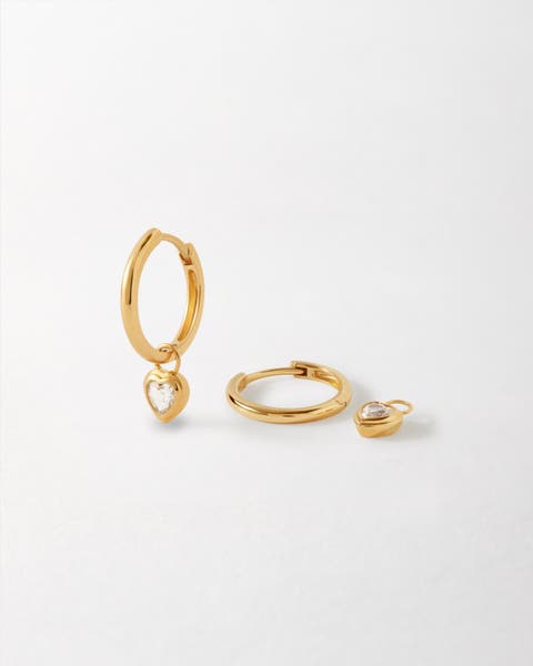 Solid Gold Heart White Sapphire Hoop Earrings