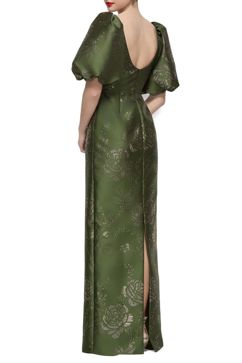 Blaine Gilt Floral Puff Sleeve Satin Twill Column Gown, Alternate, color, OLIVE/ GOLD