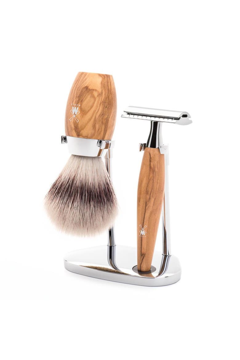 Kosmo Olive Wood 3-Piece Silvertip Fiber & Safety Razor Shaving Set, Main, color, Olive Wood