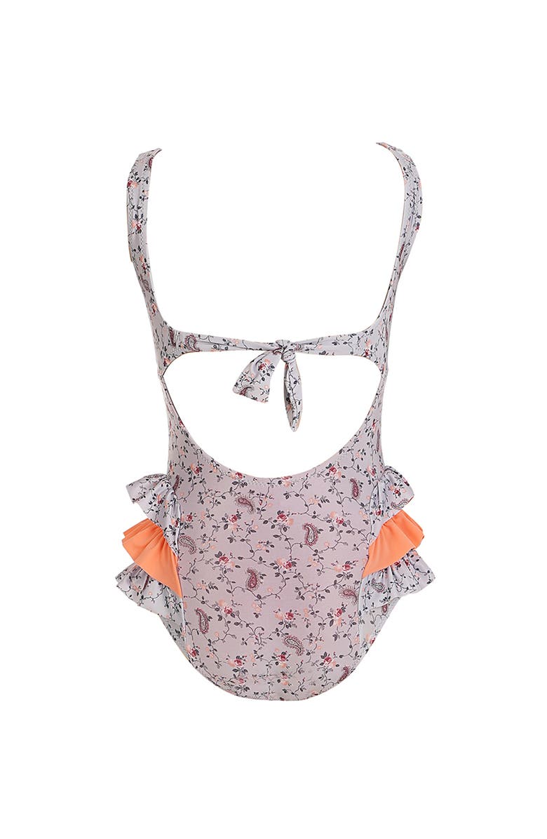 NESSI BYRD Vintage Floral Print Triple-Layered Side Ruffle Detail One-Piece Swimsuit, Alternate, color, Grey