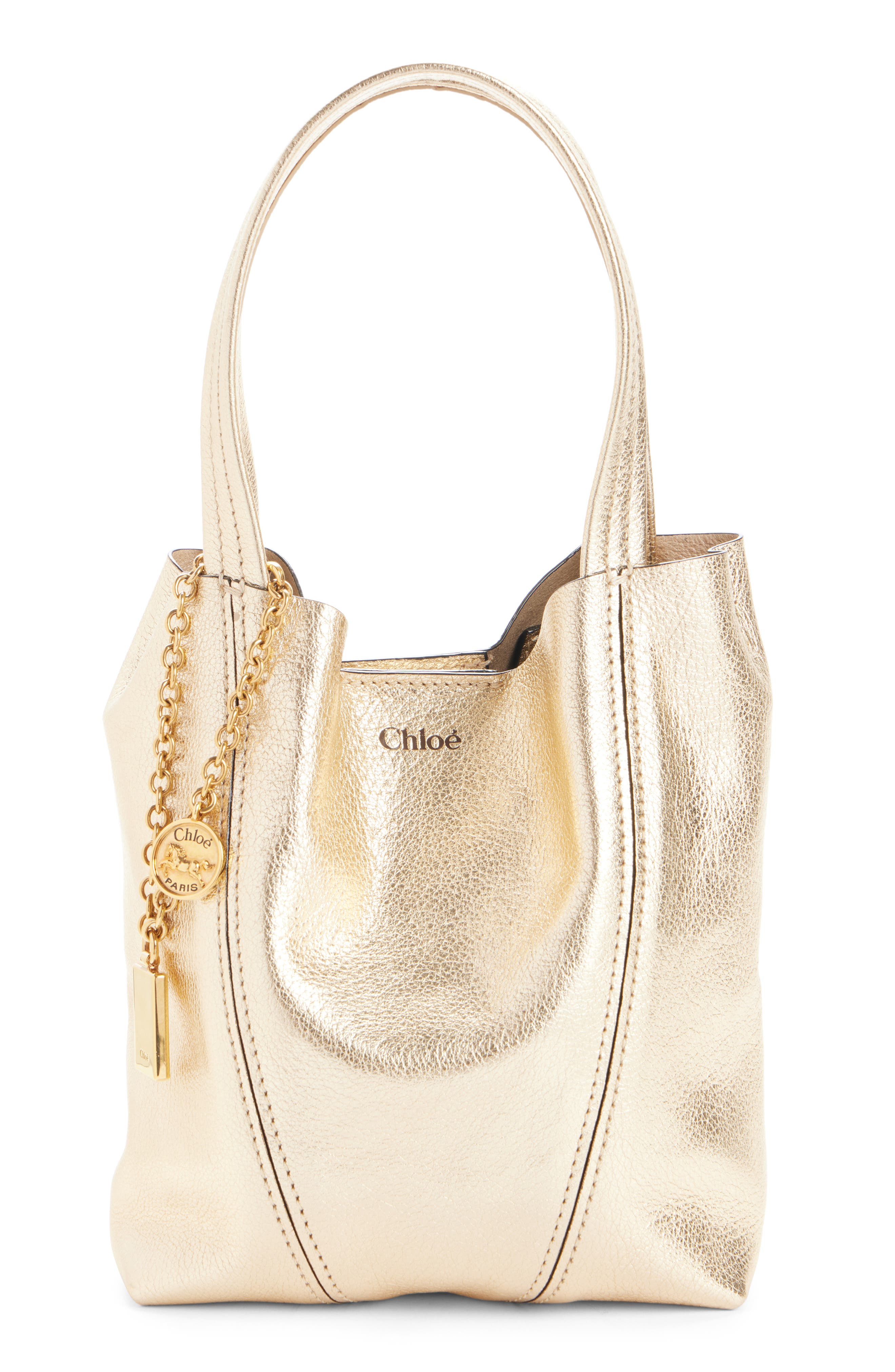 Chloé Small Spin Metallic Leather Tote, Main, color, Light Gold