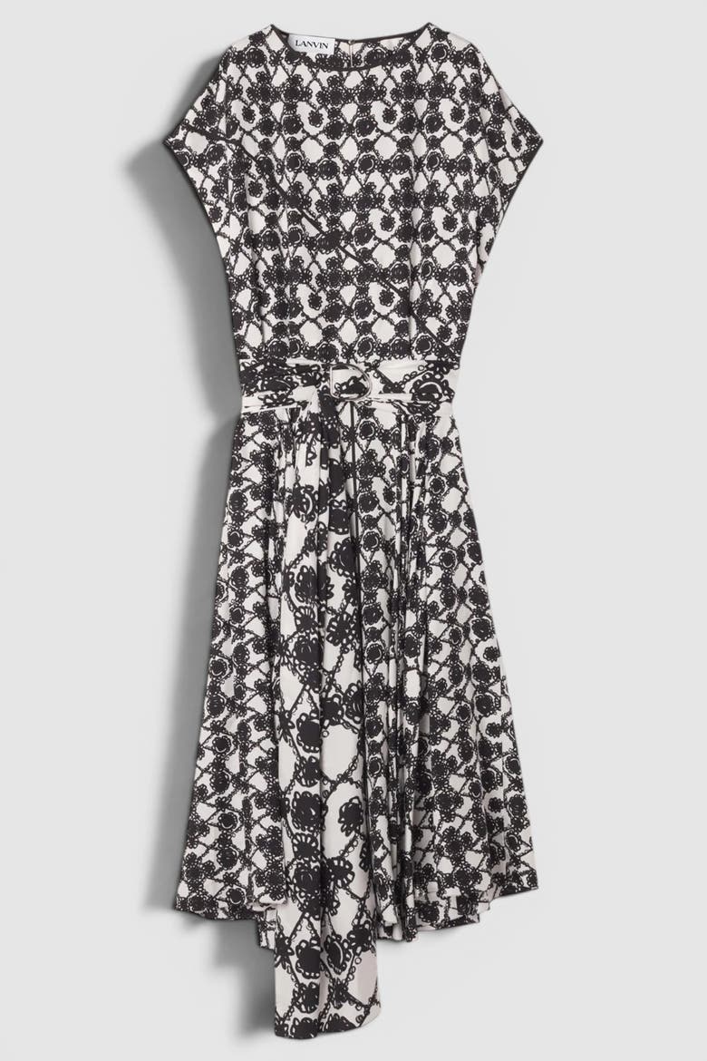 PRINTED SILK DRAPED DRESS, Main, color, White/Black