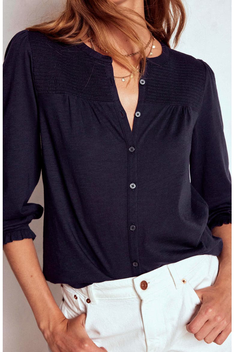 Elsa Smocked Yoke Knit Button-Up Shirt, Alternate, color, NAVY