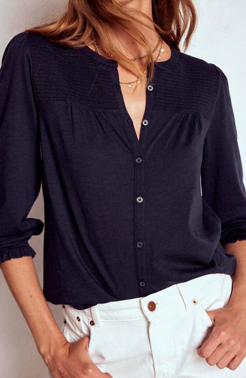 Boden Elsa Smocked Yoke Knit Button-up Shirt In Blue