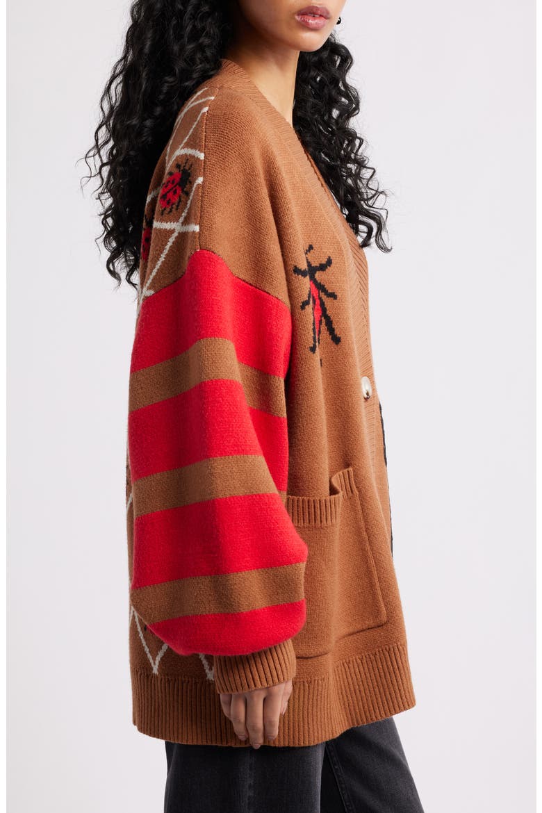 Ladybug Letterman Cardigan, Alternate, color, BROWN/RED