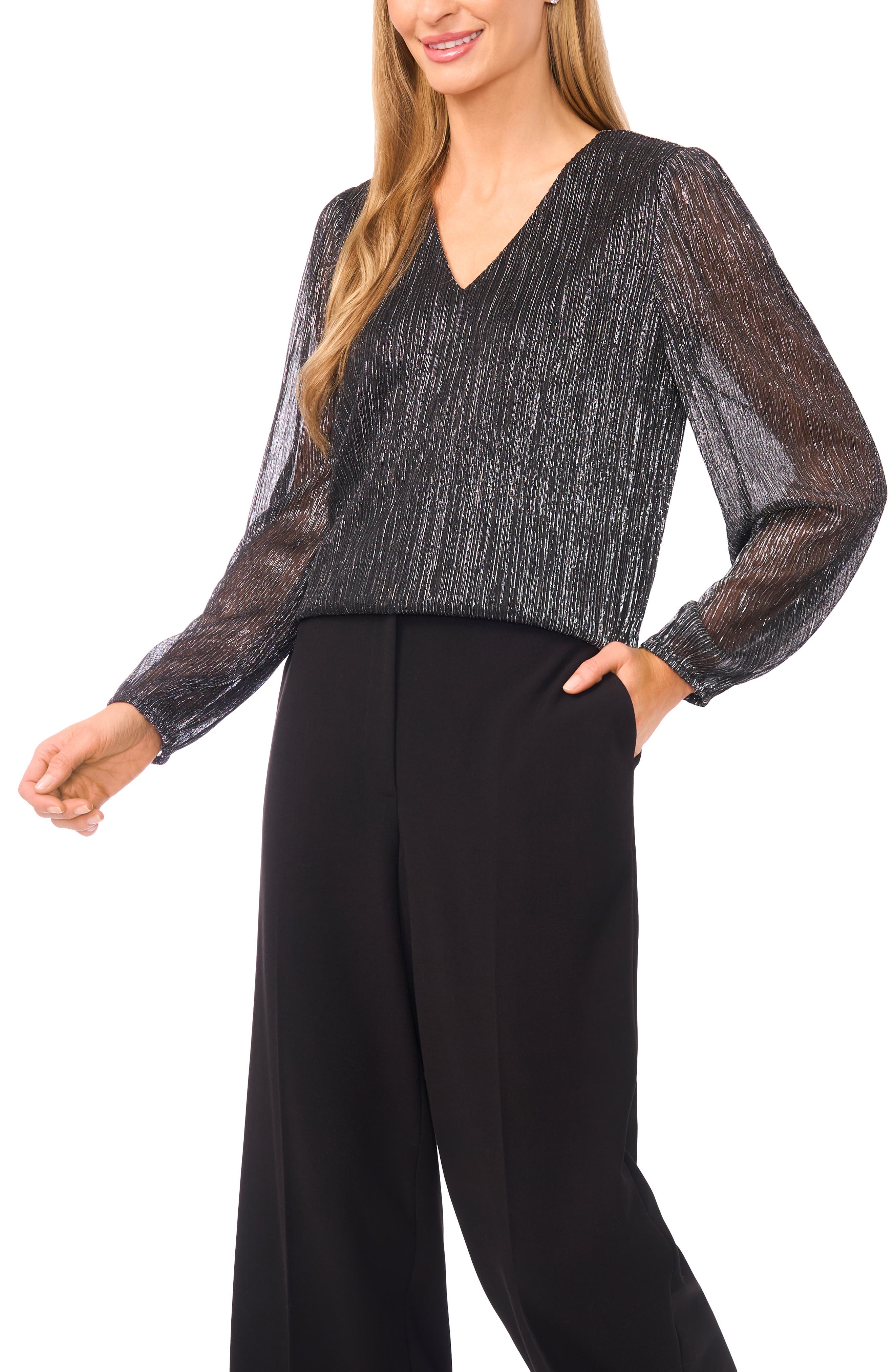 Halogen® Metallic Plissé V-Neck Top