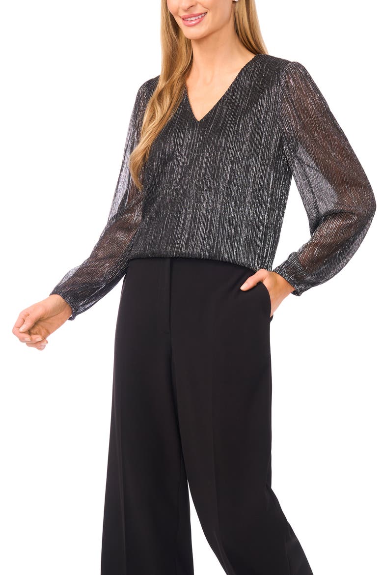Metallic Plissé V-Neck Top, Main, color, BLACK/ SILVER