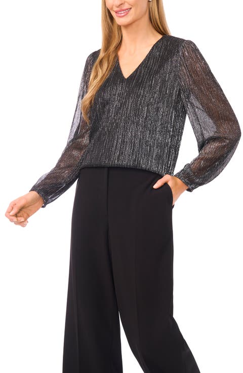 Metallic Plissé V-Neck Top