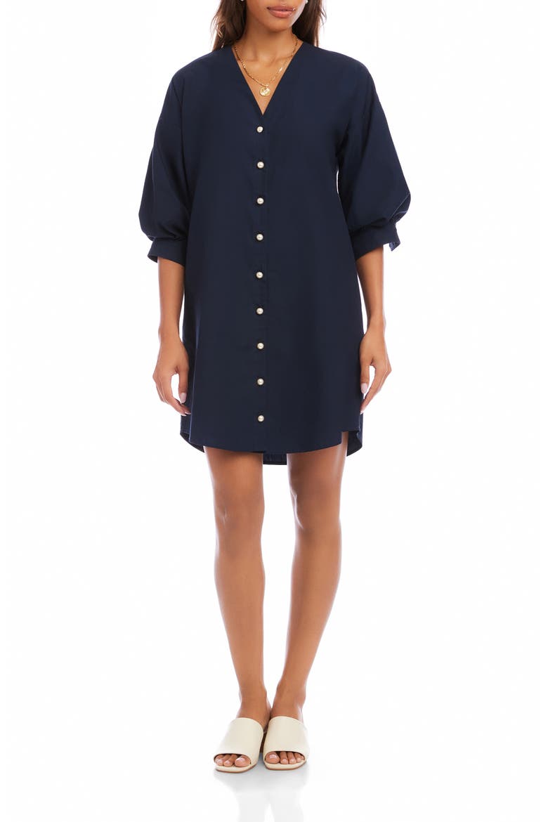 Puff Sleeve Pearly Button Dress, Main, color, NAVY