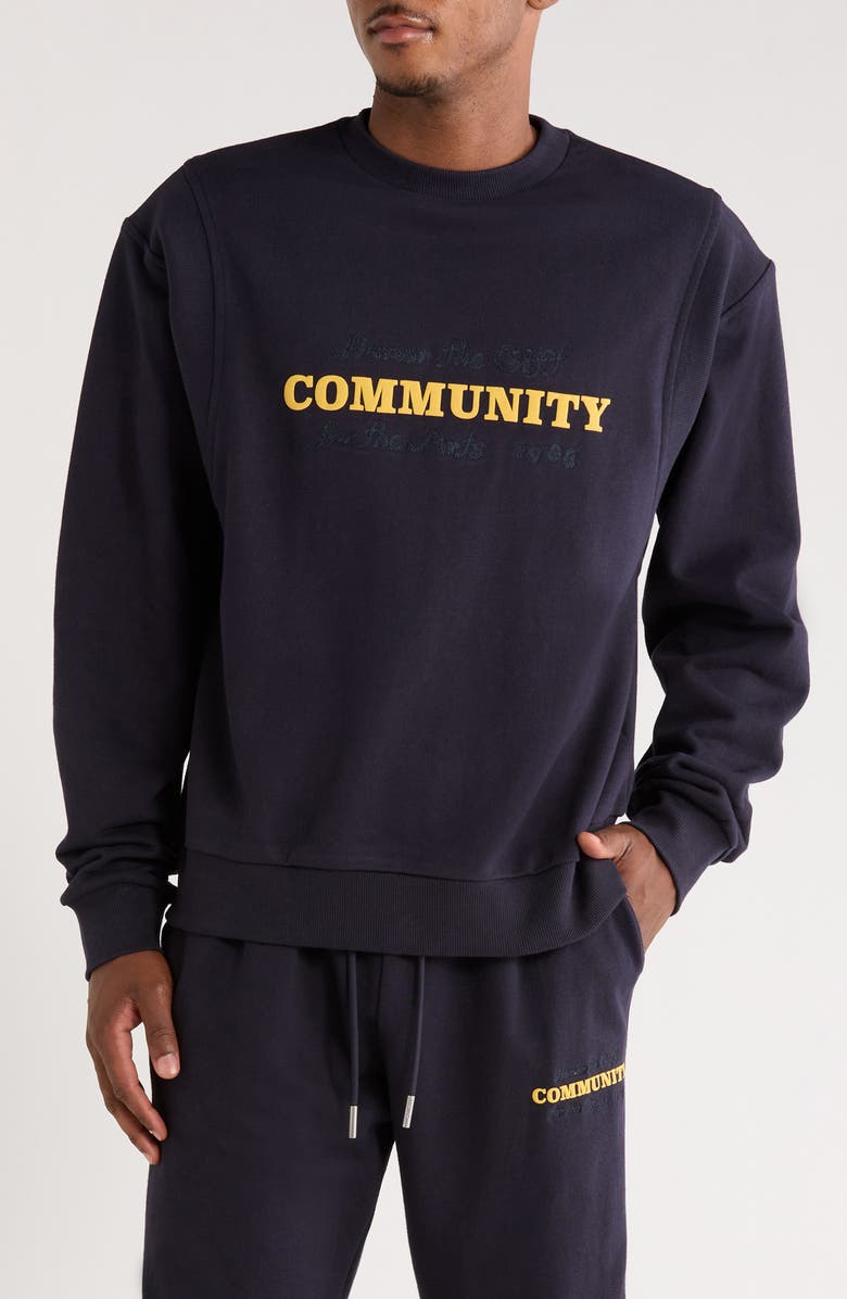 HONOR THE GIFT Track Crew Cotton Graphic Sweatshirt, Main, color, Navy