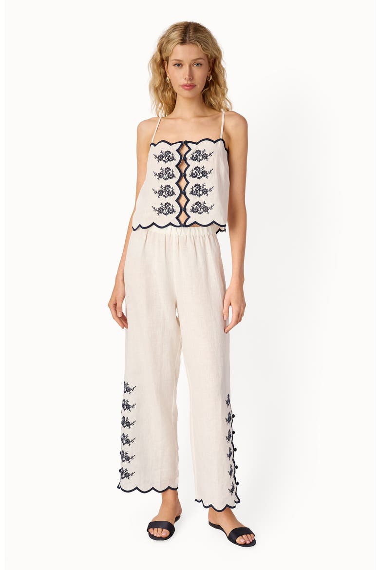 Madrid Floral Embroidery Linen Pants, Alternate, color, MACADAMIA