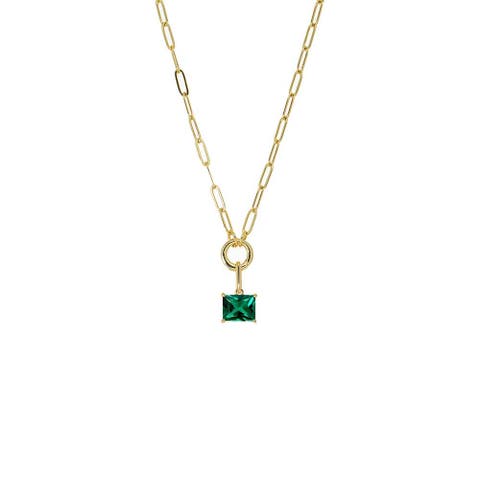 Colored CZ Emerald Charm & Paperclip Clicker Toggle Link Necklace