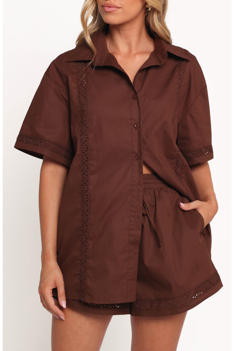 Austin Eyelet Trim Short Sleeve Cotton Button-Up Shirt, Main, color, CHOCOLATE