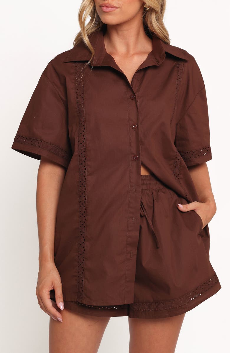 Petal & Pup Austin Eyelet Trim Short Sleeve Cotton Button-Up Shirt, Main, color, Chocolate