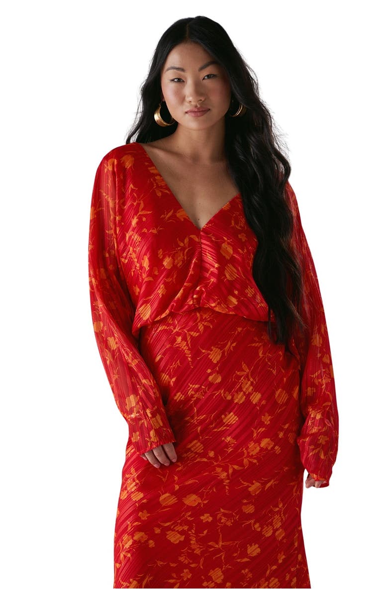 Warehouse Petite Shadow Stripe Neck Midi Dress, Alternate, color, Red