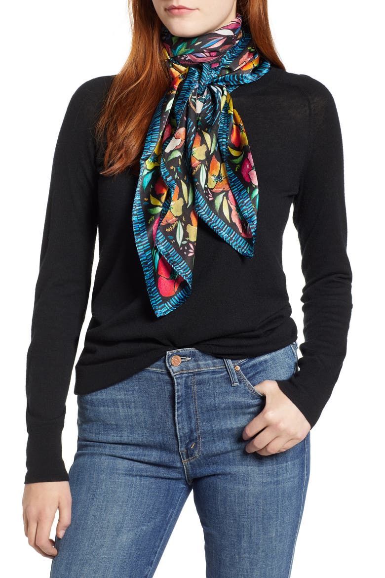 Parakeet Floral Square Silk Scarf, Main, color, MULTI