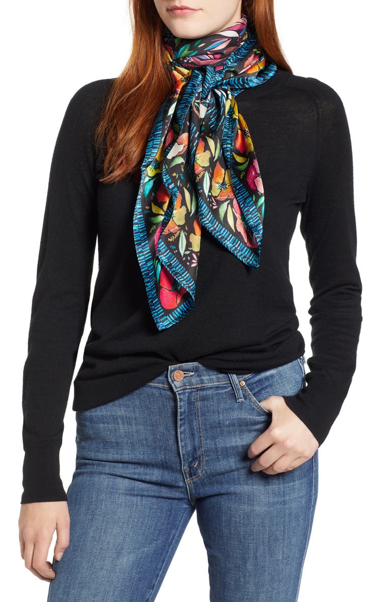 Echo Parakeet Floral Square Silk Scarf, Main, color, 