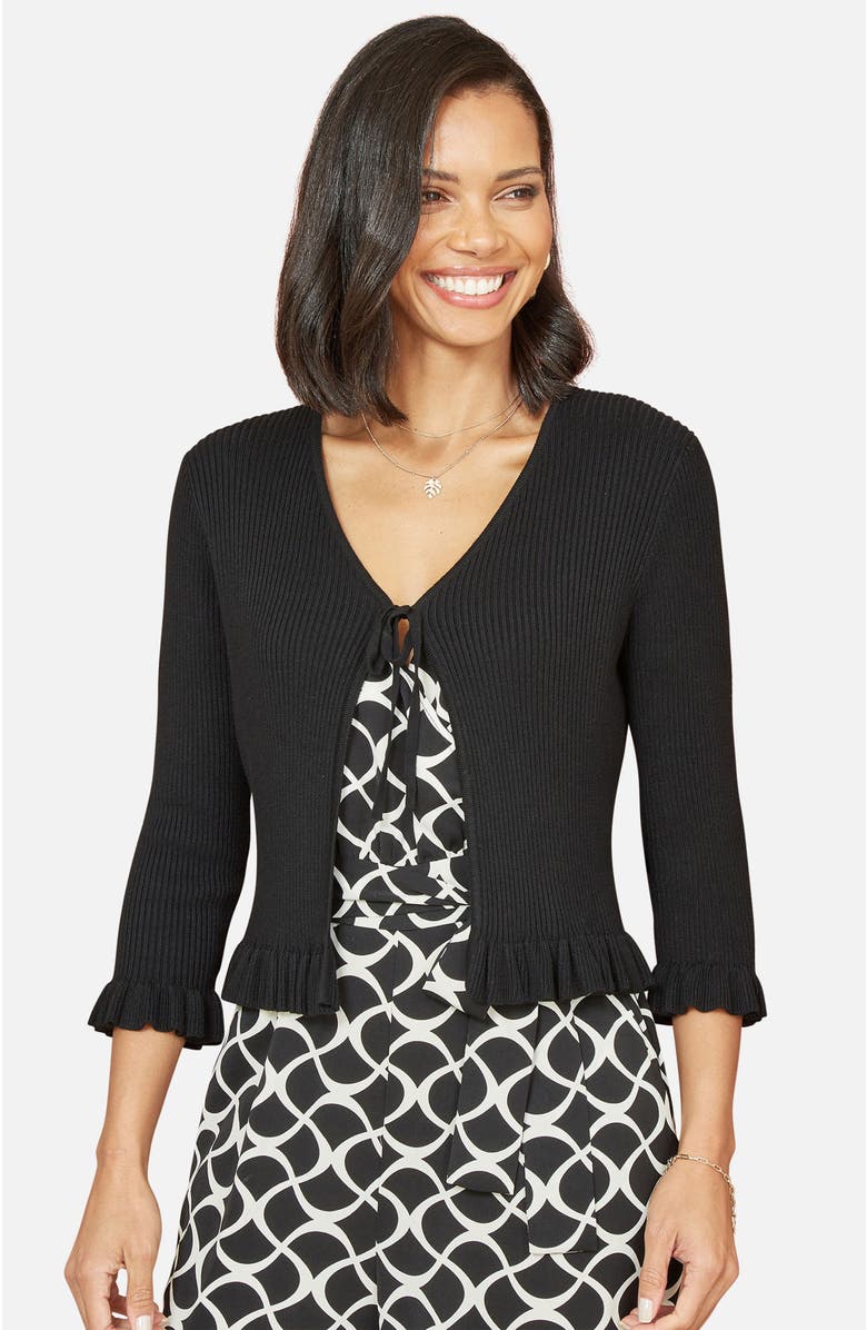 Yumi Tie Front Frilled Hem Ribbed Cardigan, Main, color, Black