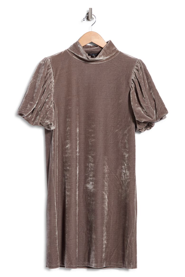 Mock Neck Puff Sleeve Velvet Dress, Alternate, color, GREY