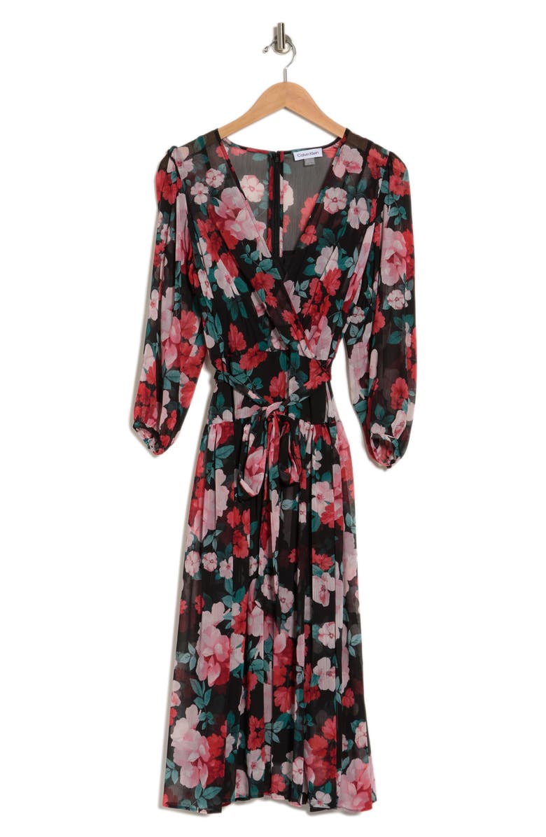 Calvin Klein Floral Faux Wrap Midi Dress, Alternate, color,