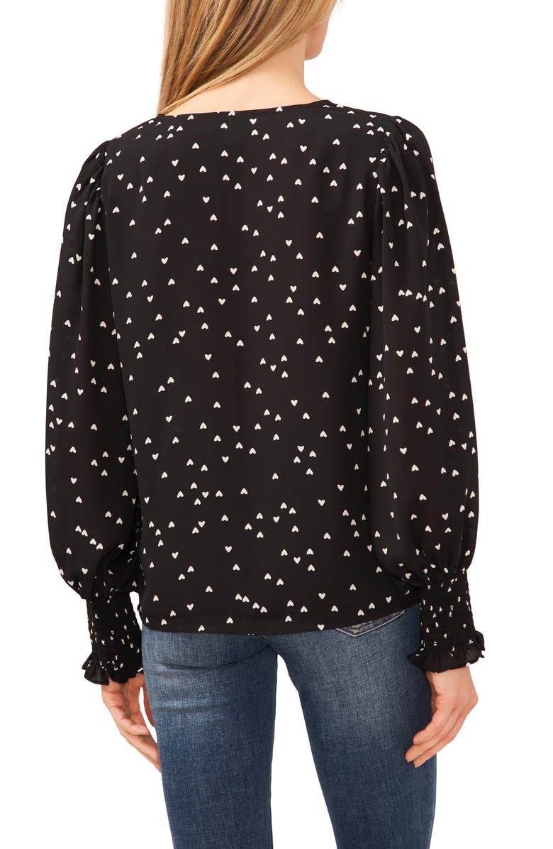 CeCe Heart Print Smocked Cuff V-Neck Top, Alternate, color, 