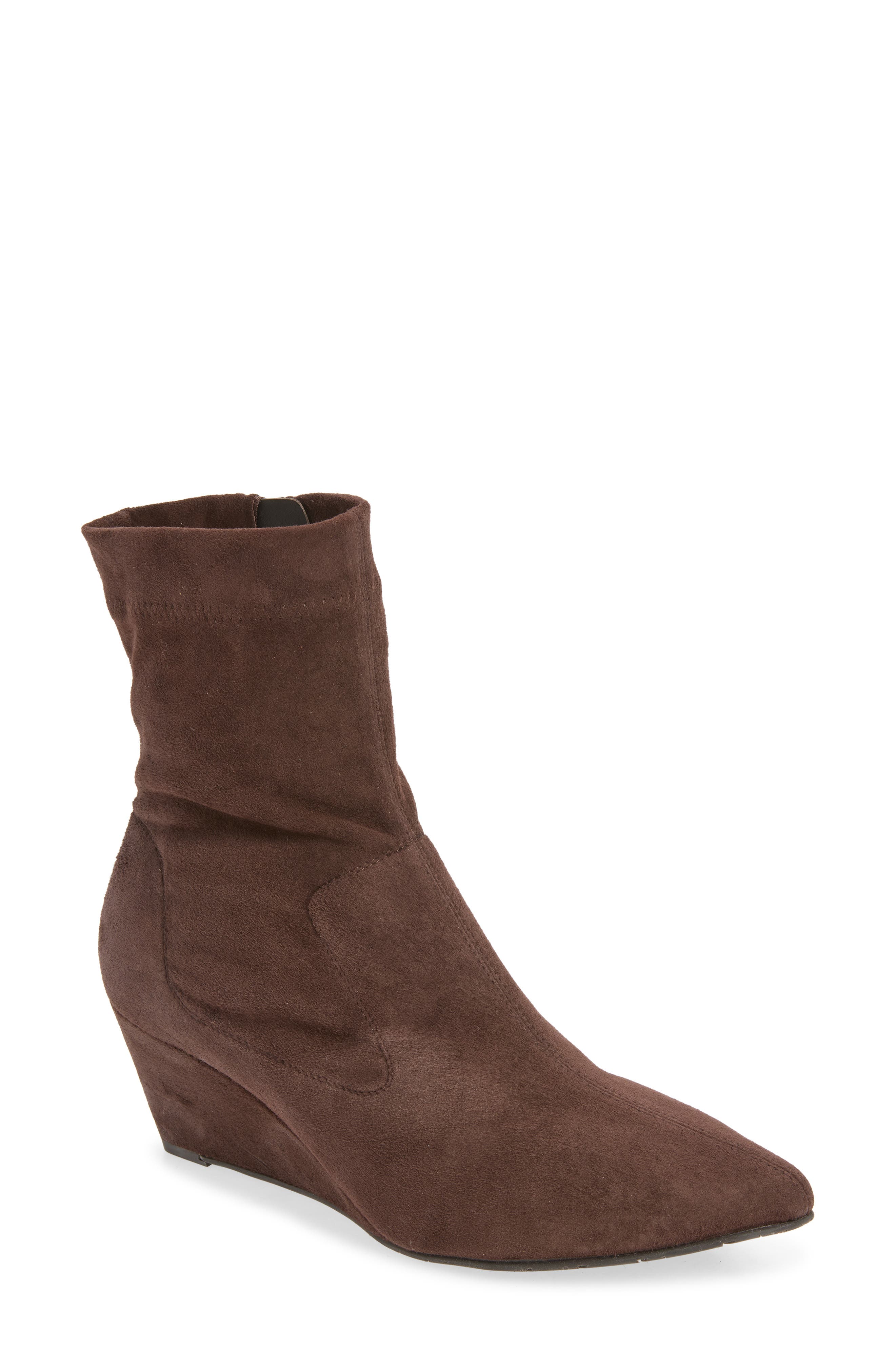 Onira Stretch Leather Wedge Bootie, Main, color, BROWN STRETCH SUEDE