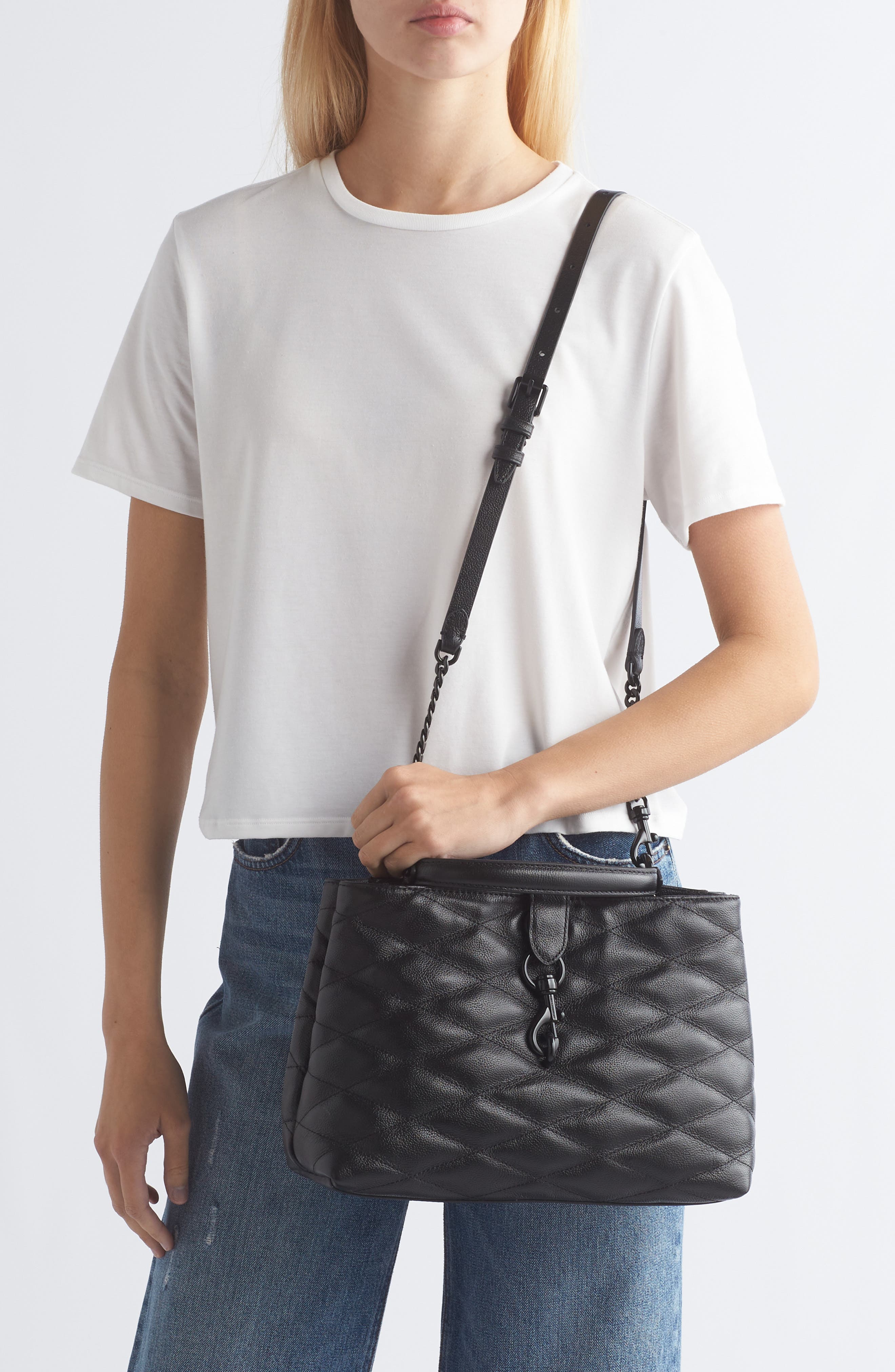 Rebecca Minkoff Edie Quilted Leather Top Handle Satchel, Alternate, color, Black