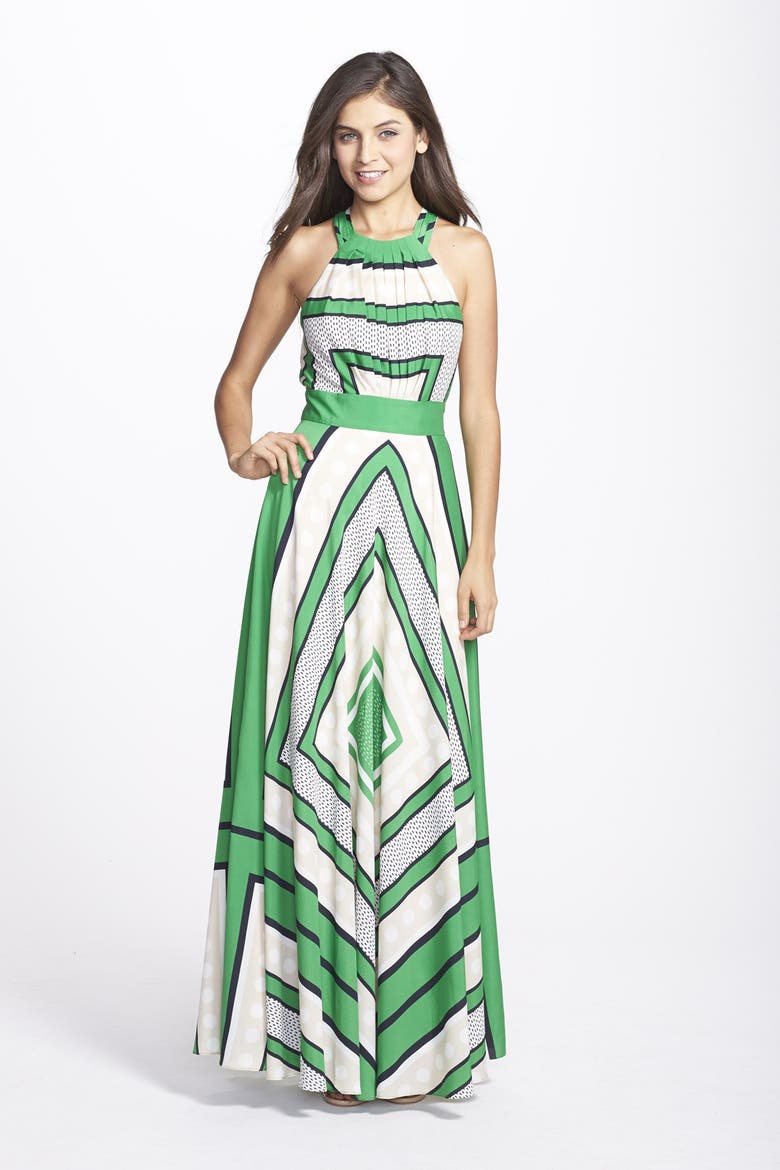 Scarf Print Crêpe de Chine Fit & Flare Maxi Dress, Main, color, GREEN