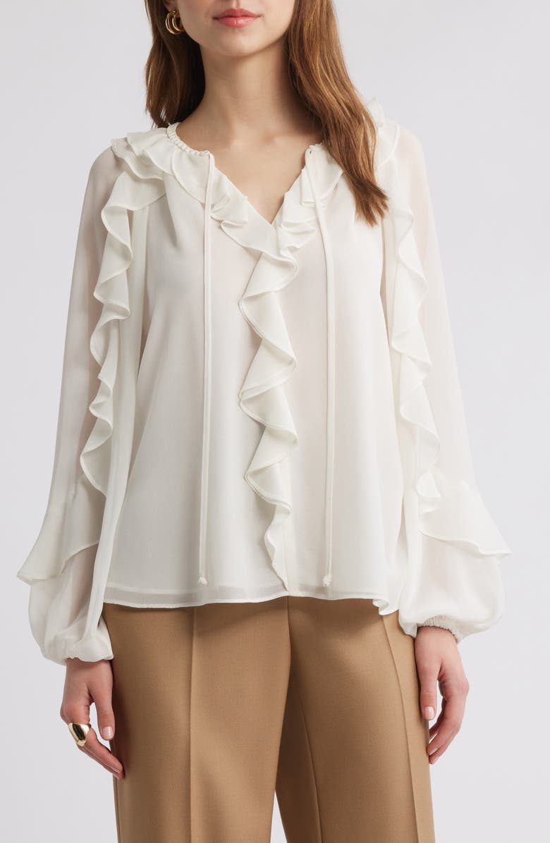 KOBI HALPERIN Ruffle Split Neck Chiffon Top, Main, color, Ivory