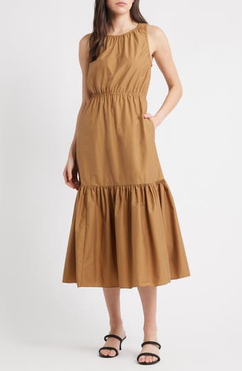 Theory Sleeveless Tiered Cotton Blend Dress In Brown