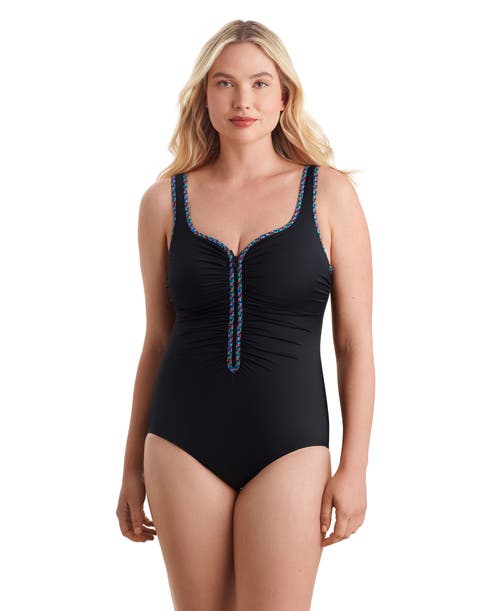 Shapesolver Sport Shirred Zipper Tank Chlorine Resistant One-piece Swimsuit In Black