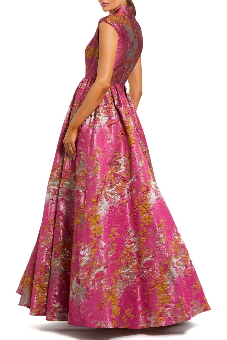 Women's Metallic Jacquard Ball Gown with Shawl Collar, Alternate, color, Raspberry Multi