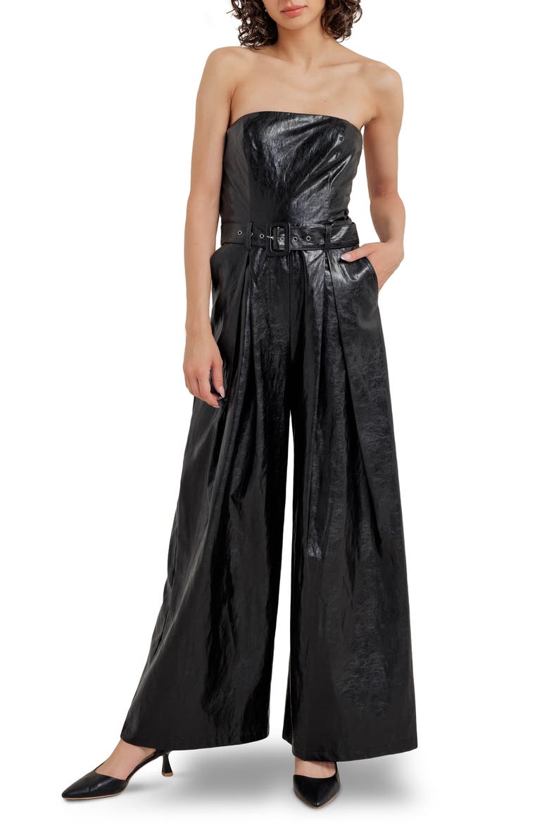 Faux Leather Strapless Belted Jumpsuit, Main, color, BLACK