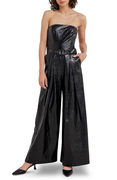 Faux Leather Strapless Belted Jumpsuit