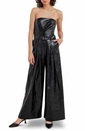 Faux Leather Strapless Belted Jumpsuit