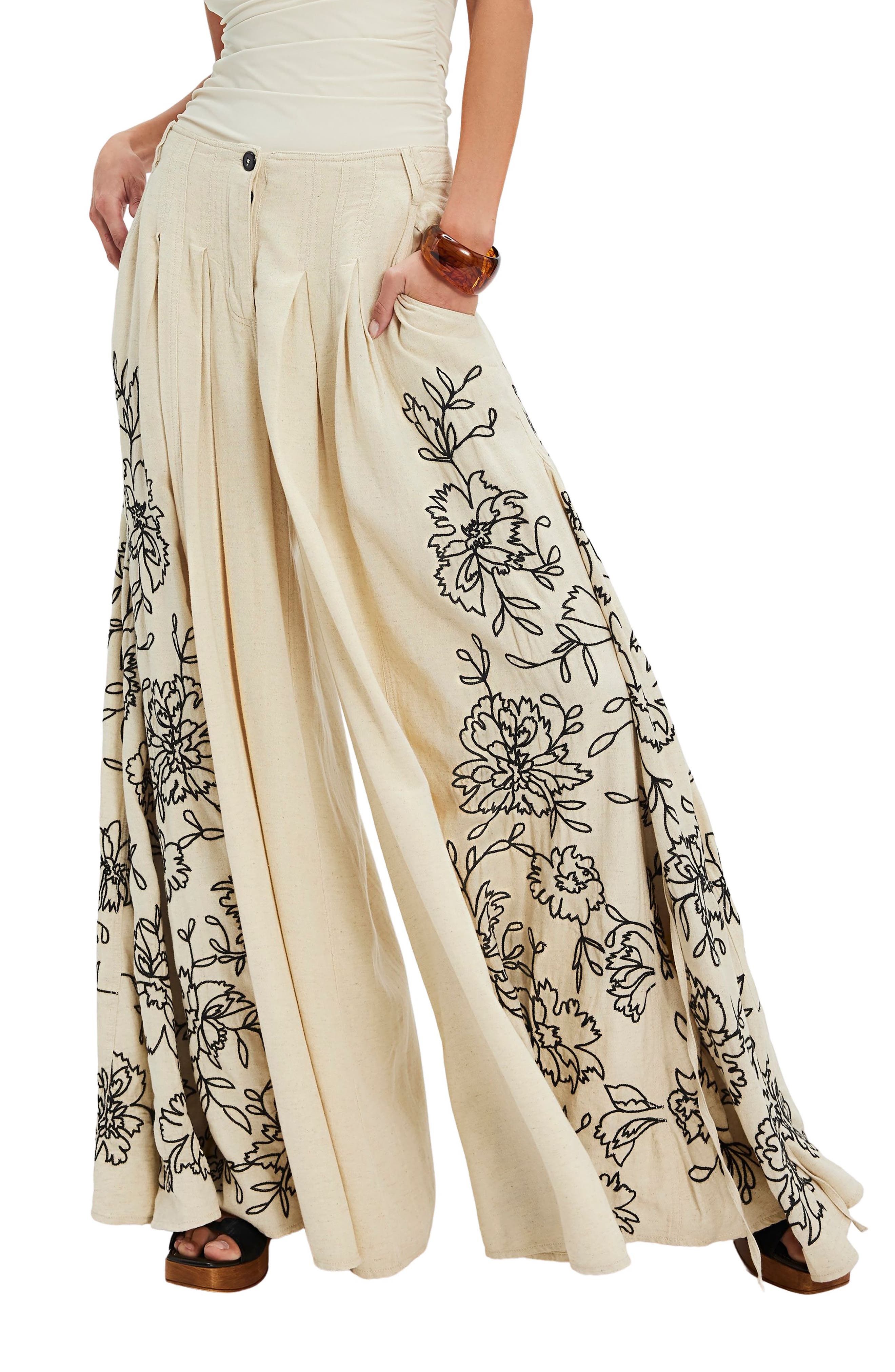 Free People What You Know Floral Embroidery Wide Leg Pants