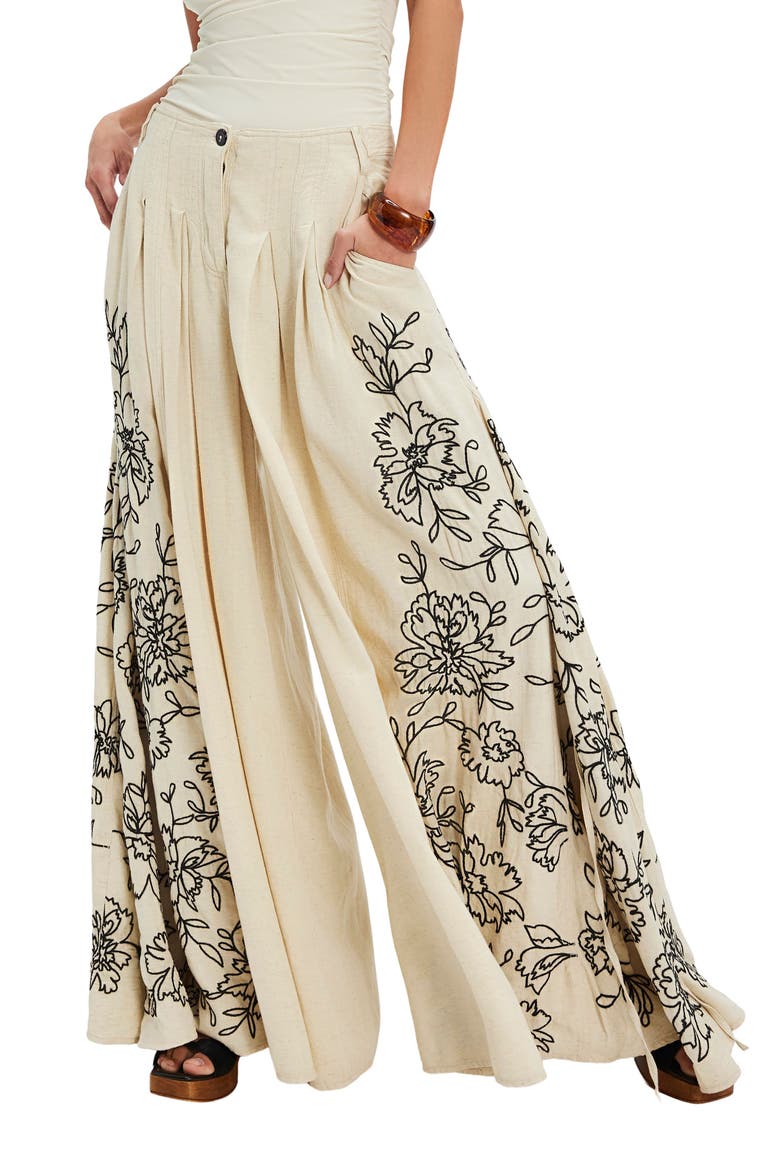 What You Know Floral Embroidery Wide Leg Pants, Main, color, SAND