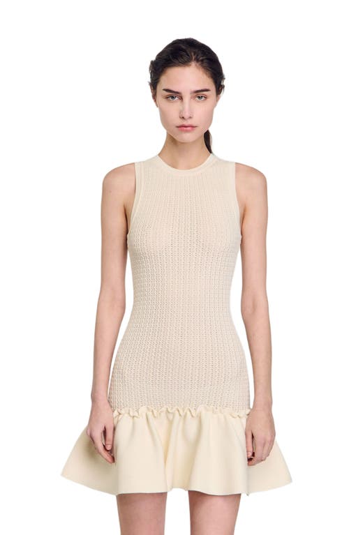 Sandro Knitted Ruffle-trim Mini Dress In Ecru