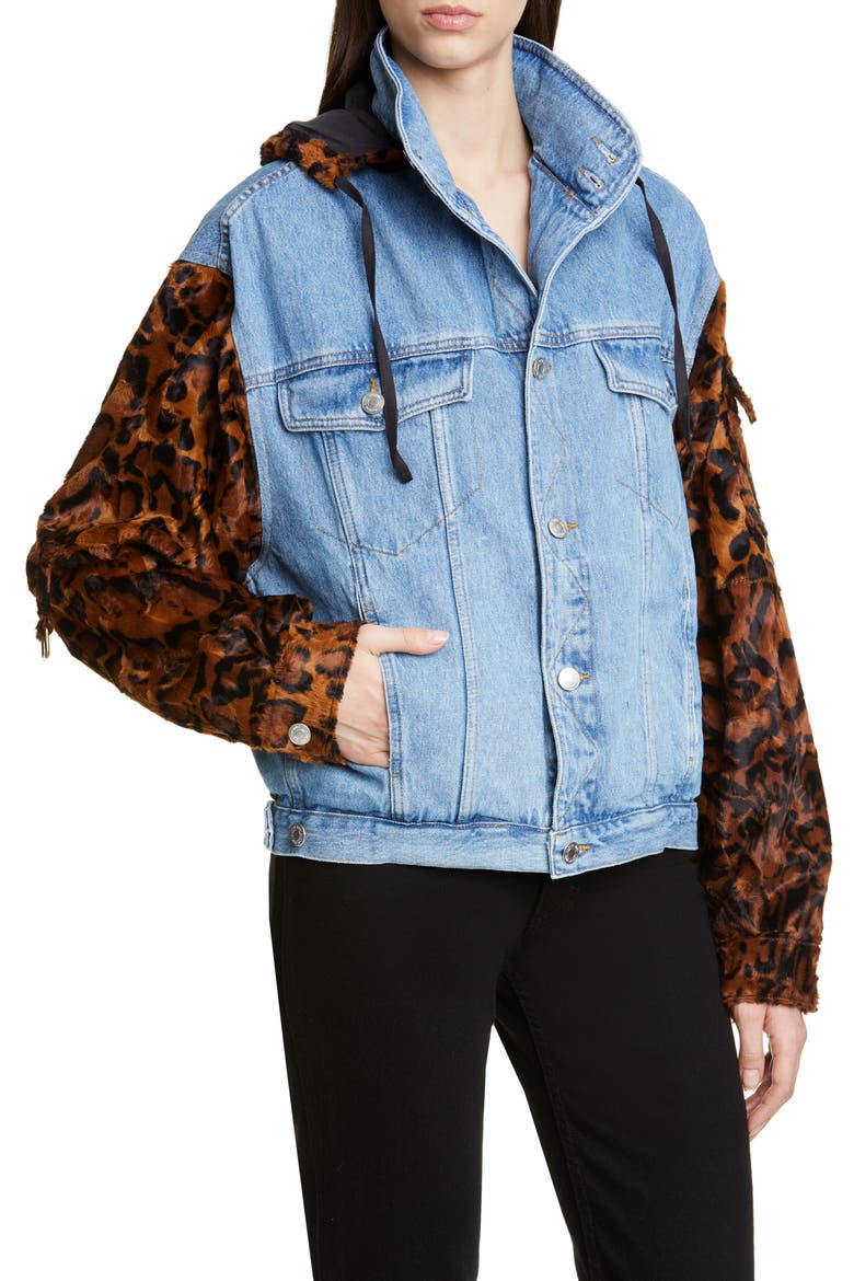 Leopard Hooded Denim Jacket, Alternate, color, LIGHT DENIM DARK