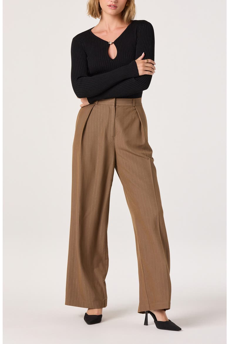 Pleated Metallic Pinstripe Pants, Alternate, color, BROWN GOLD STRIPE