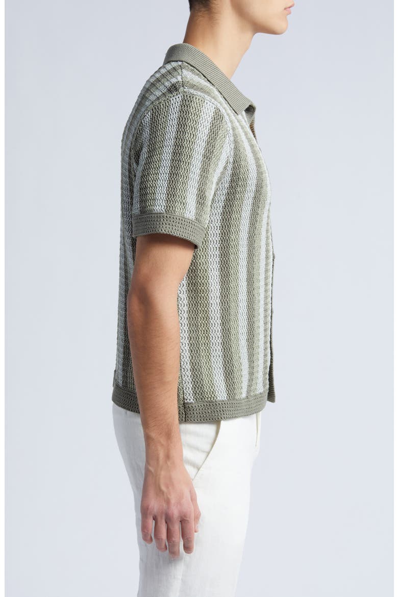 Crochet Stripe Short Sleeve Button-Up Cotton Sweater, Alternate, color, DRIED CACTUS COMBO