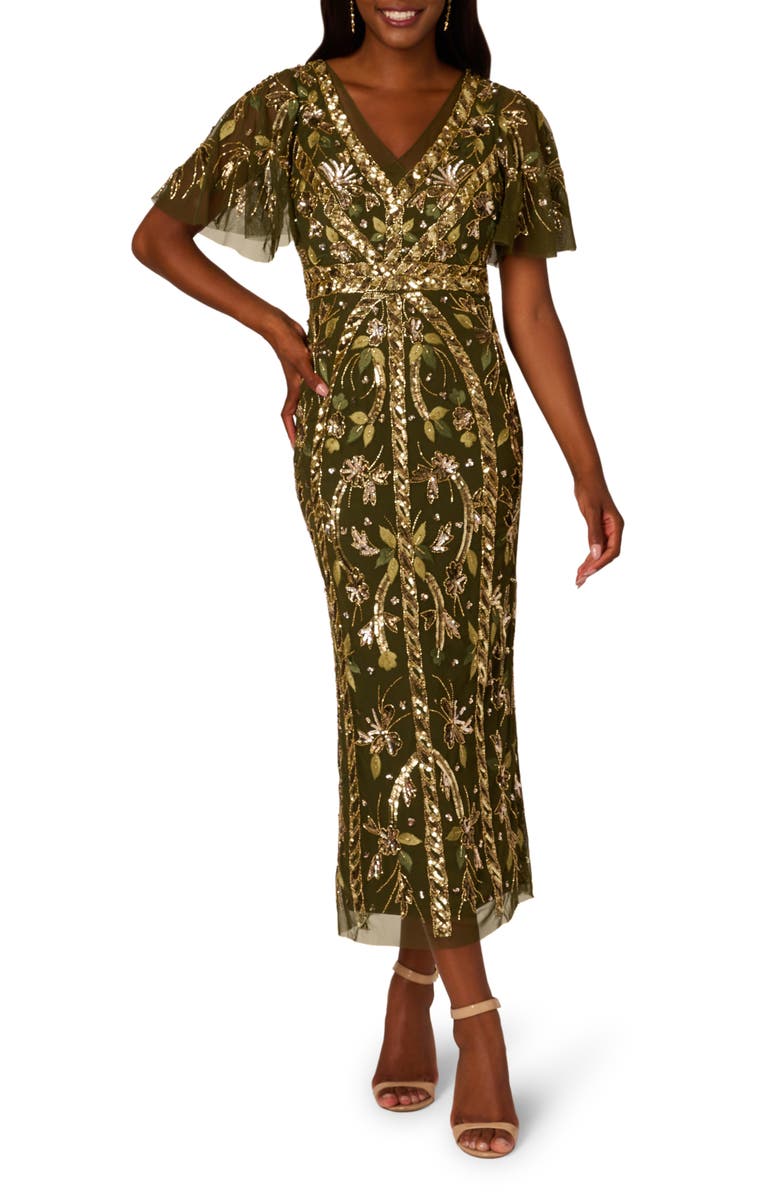 Adrianna Papell Embellished Flutter Sleeve Cocktail Dress, Main, color, Olive