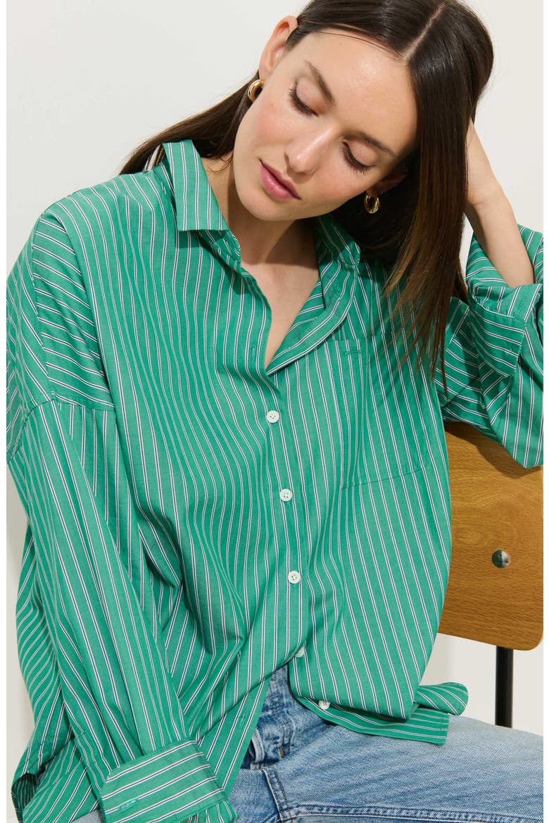 Jo Stripe Oversize Cotton Button-Up Shirt, Alternate, color, JADE GREEN