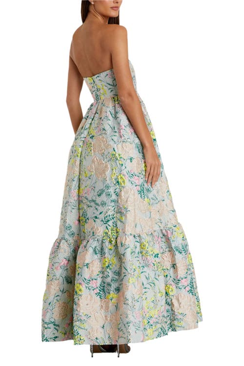 Mac Duggal Floral Brocade Strapless A Line Gown In Pastel Multi